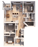 A detailed 3D floor plan of a small apartment layout.