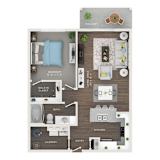 A floor plan of a small apartment with a bedroom, bathroom, kitchen, laundry, and walk-in closet.