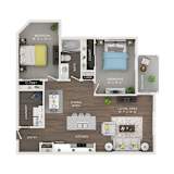 A floor plan of a small apartment with two bedrooms, a living area, a kitchen, a dining area, a laundry room, and a closet.