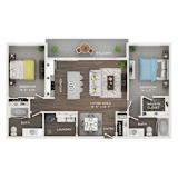 A floor plan of a small apartment with a living area, two bedrooms, a kitchen, bathroom, laundry, and a balcony.