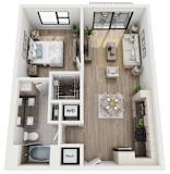 A top-down view of a small apartment with a bedroom, living room, kitchen, and bathroom.