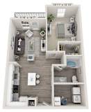 A 3D floor plan of a small apartment with a kitchen, living room, and bathroom.