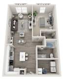 A 3D floor plan of a small apartment with a living room, kitchen, and bathroom.