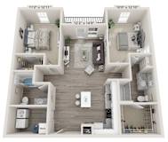 A 10x12 room layout with a kitchen, living room, and two bedrooms.