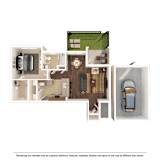 A floor plan of a house with a garage and a car.