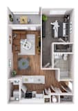 a 3d drawing of the upper floor of a house with a kitchen and bedroom
