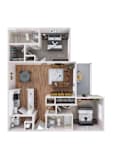 a stylized floor plan with a bedroom and a kitchen