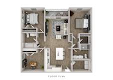 A floor plan of a small apartment with a kitchen, living room, and bathroom.