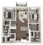 A top-down view of a small apartment layout with a kitchen, living room, and bathroom.