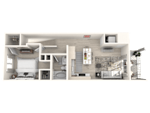 A 3D rendered image of a modern house layout.