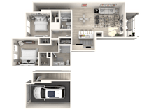 A 3D floor plan of an apartment with a car garage.