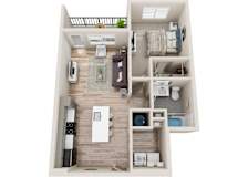 a stylized floor plan with a bedroom and a living room