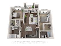 A 3D floor plan of a two-bedroom apartment with a living room, kitchen, and bathroom.