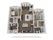 A 3D floor plan of a small apartment with a kitchen, living room, and two bedrooms.