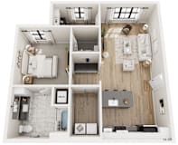 A floor plan of a small apartment with a kitchen, living room, and bathroom.