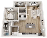 A top-down view of a modern apartment layout with a kitchen, living room, and bathroom.