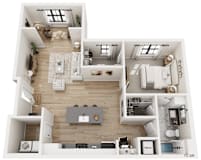 A top-down view of a modern apartment layout with a kitchen, living room, and bedrooms.