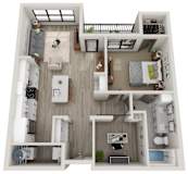 A top-down view of a small apartment with a kitchen, living room, and bedroom.
