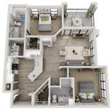 A 3D floor plan of a house with multiple rooms and furniture.