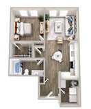 A top-down view of a modern apartment layout with a living room, kitchen, and bathroom.