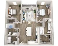 A top-down view of a modern apartment layout with a kitchen, living room, and bedrooms.