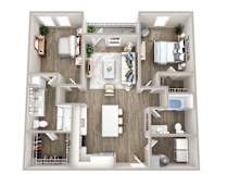A top-down view of a well-organized apartment with a kitchen, living room, and bedrooms.