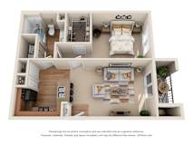 One bedroom 3D floorplan with open living area at The Canyons Apartments, Fort Worth, TX 76116