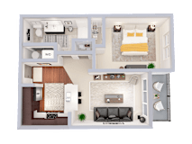 a 3d drawing of a bedroom and living room floor plan