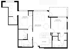 The Denali L floor plan with two bedrooms and two baths on each side of the living room