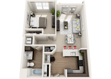 3d 1 bedroom floor plan | The Tribute Apartments in Raleigh, NC