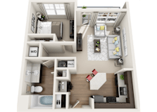 3d 1 bedroom floor plan | The Tribute Apartments in Raleigh, NC