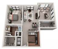 1 Bed 1 Bath Floor Plan | 1,048 Sq. Ft. at  Gramercy on the Park Apartments in Dallas, TX
