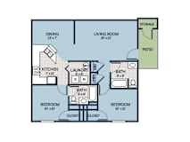 two bedroom floor plan apartment with patio at Bradford Run in Kokomo, IN