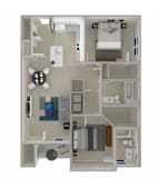 A 3D floor plan of The Elyse: a luxury apartment with a kitchen, living room, and bathroom.