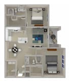 A diagram of The Emma layout with a kitchen, living room, and bathroom.