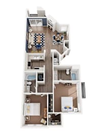 A top-down view of a house layout with a kitchen, living room, and bedrooms.