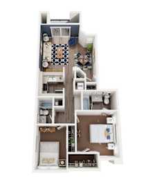 A floor plan of a small apartment with a kitchen, living room, and bathroom.
