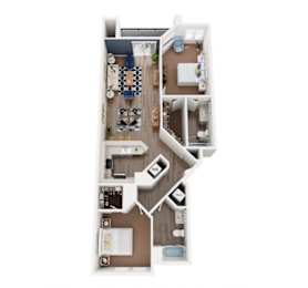 A top-down view of a house layout with a kitchen, living room, dining area, and two bedrooms.