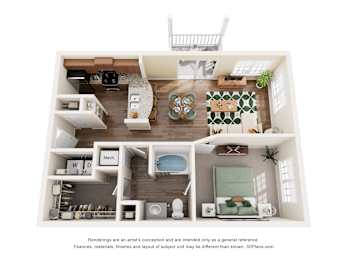 A 3D floor plan of a small apartment with a kitchen, living room, and bathroom.