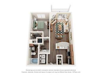 A 3D floor plan of a small apartment with a kitchen, living room, and bathroom.