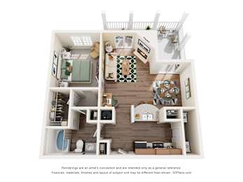 A 3D floor plan of a house with a kitchen, living room, and bathroom.