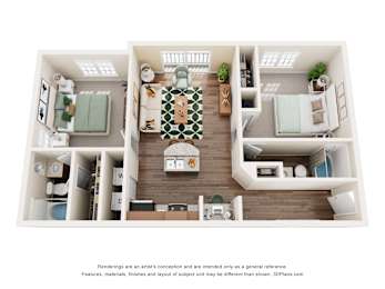 A 3D floor plan of a small apartment with a living room, kitchen, and two bedrooms.
