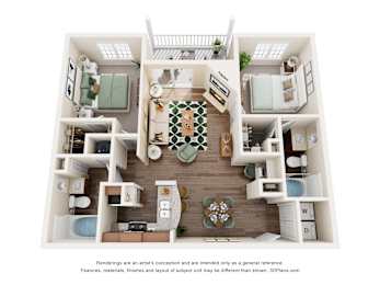 A 3D floor plan of a house with a kitchen, living room, and two bedrooms.