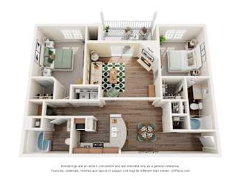 A 3D floor plan of a house with a living room, dining room, kitchen, and two bedrooms.