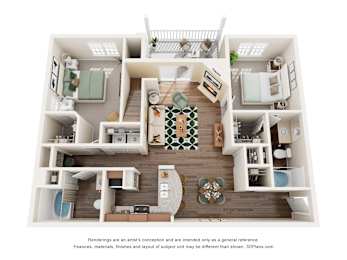 A 3D floor plan of a house with a living room, kitchen, and two bedrooms.