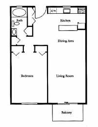 A floor plan of a house with a living room, dining area, kitchen, bathroom, bedroom and balcony.