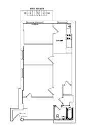 A floor plan of a room with a fire escape.