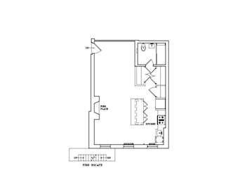 A floor plan of a room with a fire escape.
