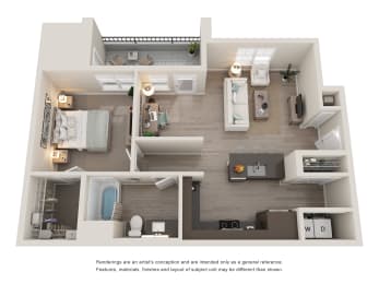a stylized floor plan with a bedroom and a living room