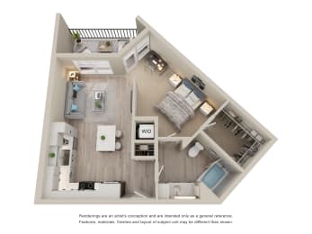 Unit Type A2, a stylized floor plan with 1 bedroom and 1 bathroom at Zeta Luxury Apartments in Sacramento, CA